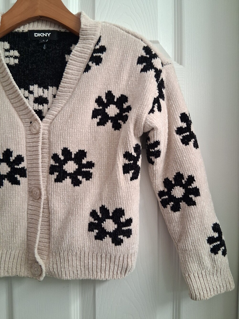 DKNY Girls Small Flower Chenille Cardigan Sweater Small 7/8